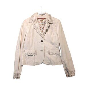 NWT WILSONS LEATHER Jacket Beige Scalloped Hem Floral Lining Size M